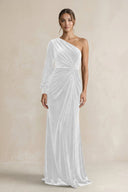 Velvet One Shoulder Sheath Long Sleeve Bridesmaid Dress in White - KissProm Bridesmaid Dresses