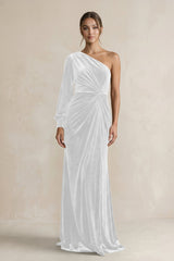 Velvet One Shoulder Sheath Long Sleeve Bridesmaid Dress in White - KissProm Bridesmaid Dresses