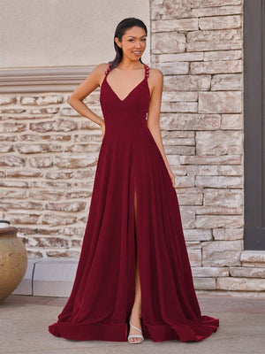 Rylan| Red Velvet Plunge V Cross Back A-Line Long Formal Dress