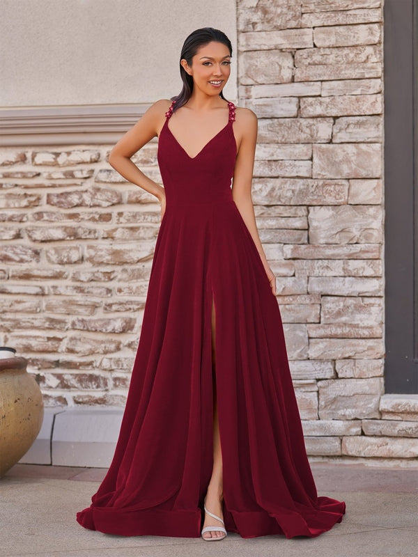 Rylan| Red Velvet Plunge V Cross Back A-Line Long Formal Dress