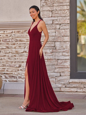 Rylan| Red Velvet Plunge V Cross Back A-Line Long Formal Dress