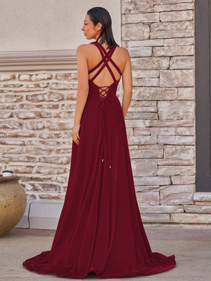 Rylan| Red Velvet Plunge V Cross Back A-Line Long Formal Dress