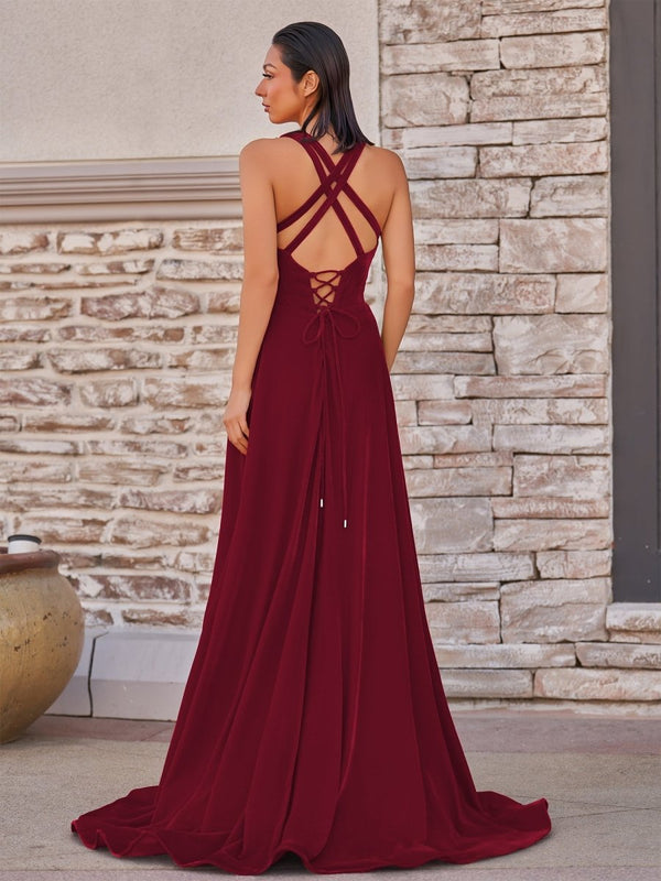 Rylan| Red Velvet Plunge V Cross Back A-Line Long Formal Dress
