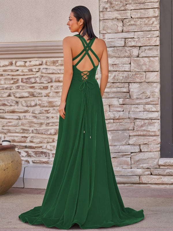 Rylan| Red Velvet Plunge V Cross Back A-Line Long Formal Dress