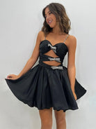 Velvetini | Black - Spaghetti Straps Satin A-Line Homecoming Dress With Bow