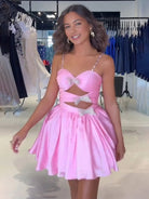 Velvetini | Pink - Spaghetti Straps Satin A-Line Homecoming Dress With Bow