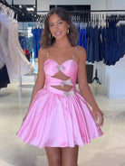 Velvetini | Pink - Spaghetti Straps Satin A-Line Homecoming Dress With Bow