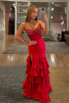Venera | Red - Sweetheart Mermaid Satin Beaded Long Prom Dresses With Ruffles - KissProm