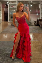 Venera | Red - Sweetheart Mermaid Satin Beaded Long Prom Dresses With Ruffles - KissProm