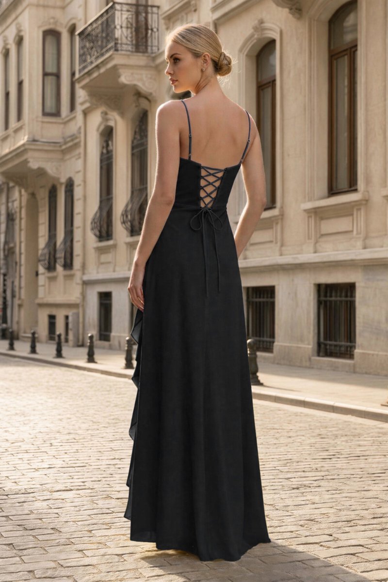 KissProm Spaghetti Straps Yellow Chiffon Ruffles Long Prom Dresses with Slit, Black / 2