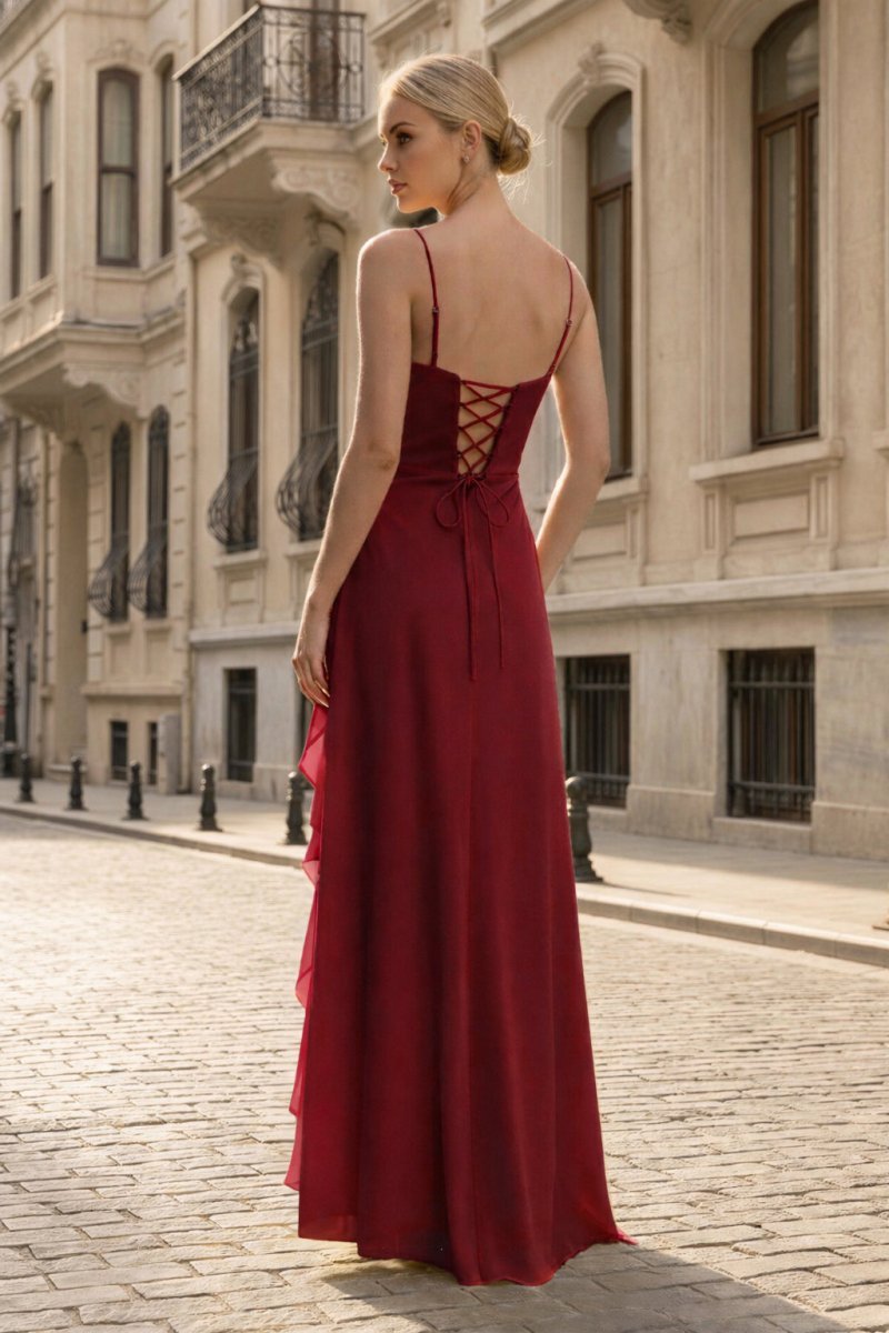 Spaghetti Straps Yellow Chiffon Ruffles Long Prom Dresses with Slit