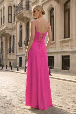 Spaghetti Straps Yellow Chiffon Ruffles Long Prom Dresses with Slit – Prom Dresses by KissProm | Available at KissProm