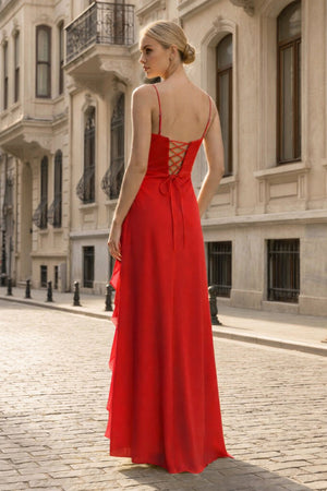 Spaghetti Straps Yellow Chiffon Ruffles Long Prom Dresses with Slit – Prom Dresses by KissProm | Available at KissProm