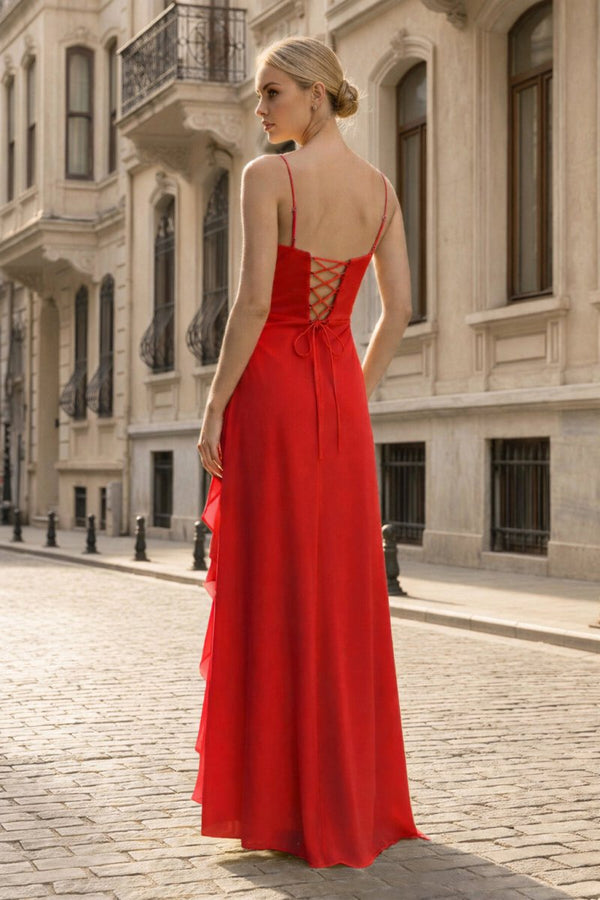 Spaghetti Straps Yellow Chiffon Ruffles Long Prom Dresses with Slit – Prom Dresses by KissProm | Available at KissProm