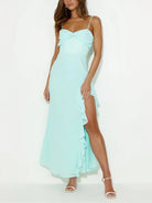 Venicia | V - Neck Yellow Chiffon Ruffles Long Prom Dresses with Slit - KissProm