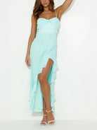 Venicia | V - Neck Yellow Chiffon Ruffles Long Prom Dresses with Slit - KissProm