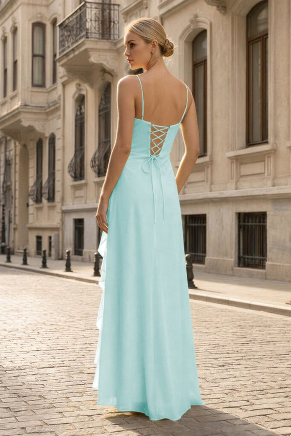 Spaghetti Straps Yellow Chiffon Ruffles Long Prom Dresses with Slit