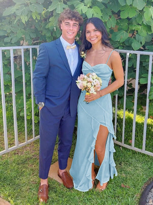 Venicia | V-Neck Yellow Chiffon Ruffles Long Prom Dresses with Slit