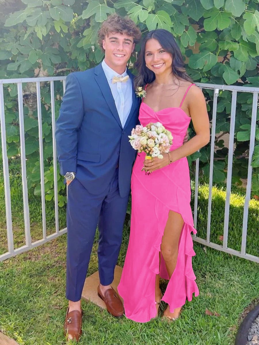 Venicia | V-Neck Yellow Chiffon Ruffles Long Prom Dresses with Slit