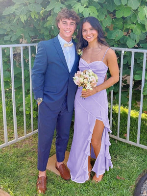 Spaghetti Straps Yellow Chiffon Ruffles Long Prom Dresses with Slit – Prom Dresses by KissProm | Available at KissProm