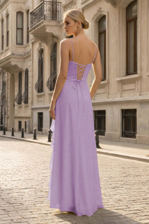 Spaghetti Straps Yellow Chiffon Ruffles Long Prom Dresses with Slit – Prom Dresses by KissProm | Available at KissProm