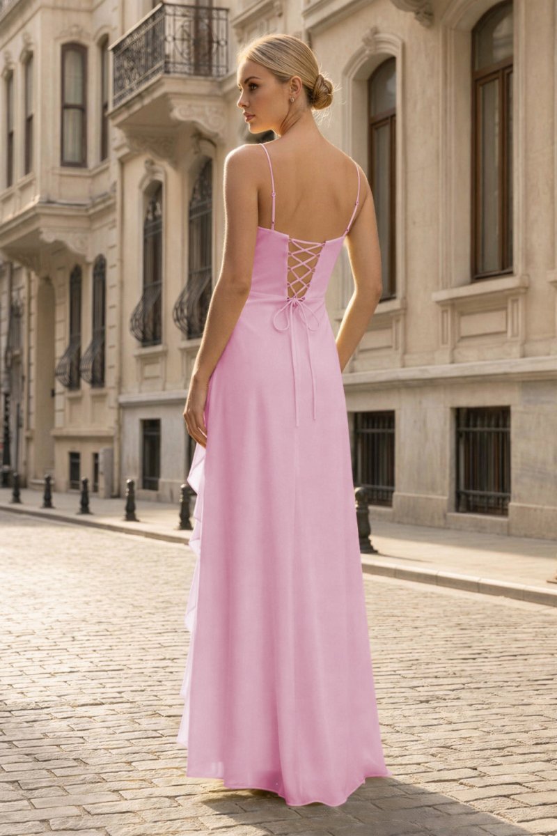 Spaghetti Straps Yellow Chiffon Ruffles Long Prom Dresses with Slit