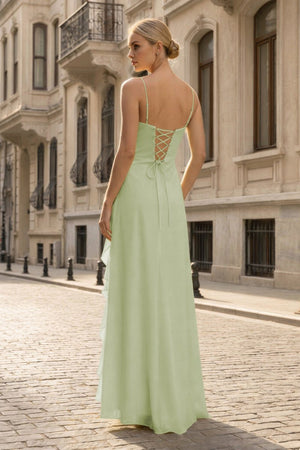 Spaghetti Straps Yellow Chiffon Ruffles Long Prom Dresses with Slit – Prom Dresses by KissProm | Available at KissProm