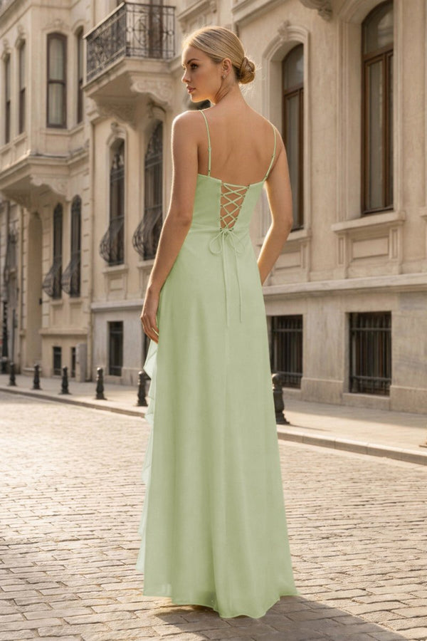 Spaghetti Straps Yellow Chiffon Ruffles Long Prom Dresses with Slit – Prom Dresses by KissProm | Available at KissProm