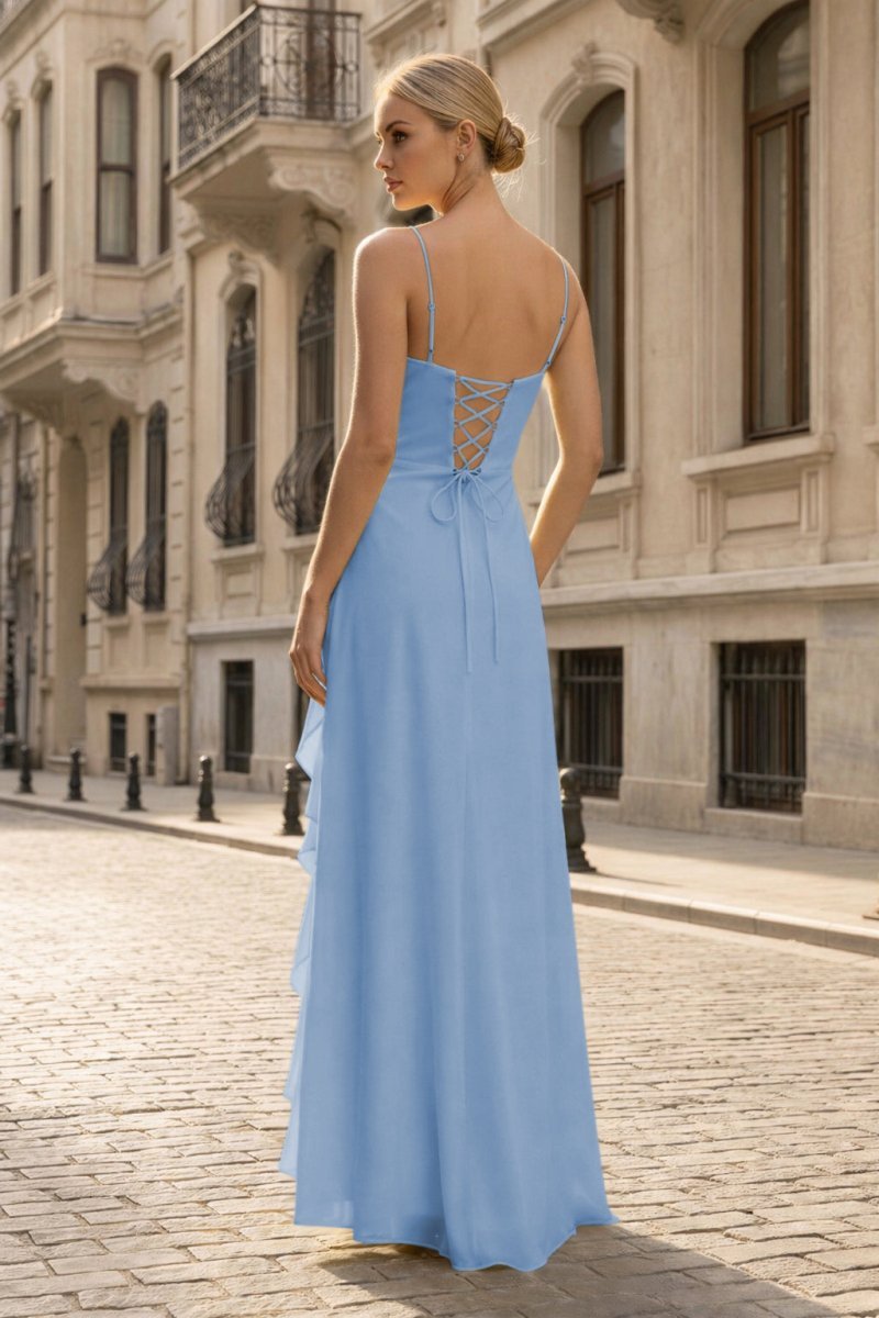 Spaghetti Straps Yellow Chiffon Ruffles Long Prom Dresses with Slit