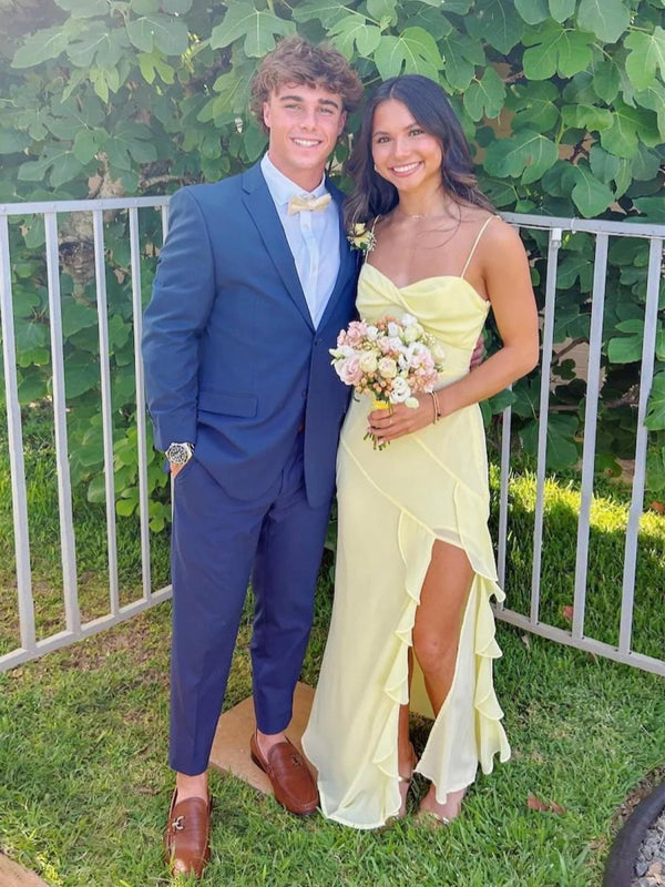 Spaghetti Straps Yellow Chiffon Ruffles Long Prom Dresses with Slit – Prom Dresses by KissProm | Available at KissProm