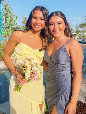 Spaghetti Straps Yellow Chiffon Ruffles Long Prom Dresses with Slit – Prom Dresses by KissProm | Available at KissProm
