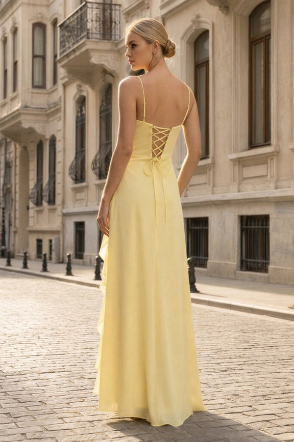 Spaghetti Straps Yellow Chiffon Ruffles Long Prom Dresses with Slit, Yellow / 0 Spaghetti Straps Yellow Chiffon Ruffles Long Prom Dresses with Slit, Yellow / 0