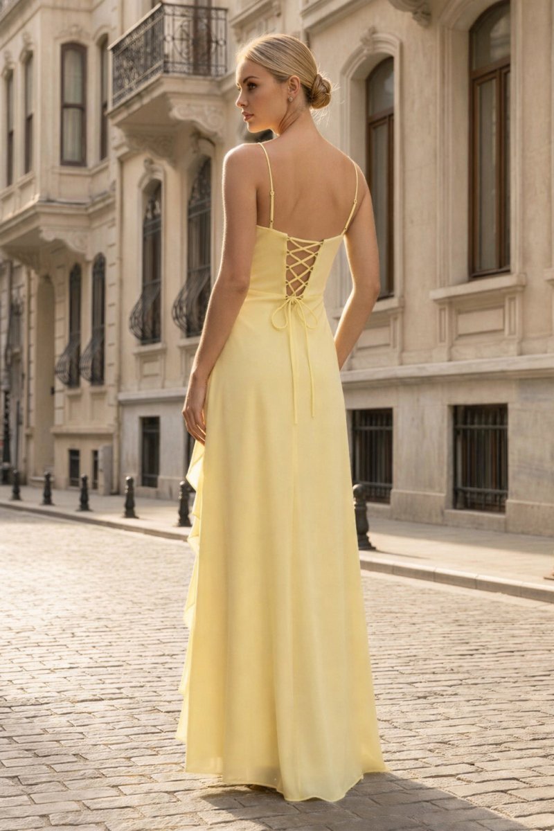 KissProm Spaghetti Straps Yellow Chiffon Ruffles Long Prom Dresses with Slit, Yellow / 0