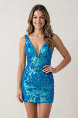 Blue - Sparkly Cute V Neck Sequins Tight Mini Party Dresses - KissProm