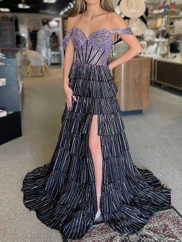 satin layered dress Going with Elegance Slate Blue Satin Tiered Gown