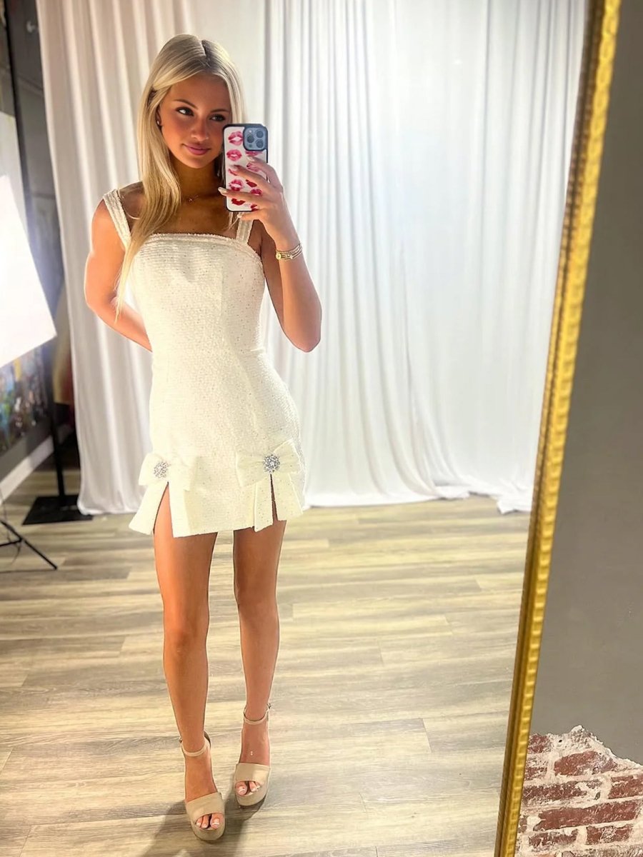 Vesper | Ivory - Spaghetti Straps Beaded Sheath Homecoming Dress With Bows