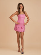Vesper | Pink - Spaghetti Straps Beaded Sheath Homecoming Dress With Bows