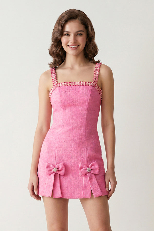 Pink Spaghetti Straps Beaded Sheath Homecoming Dress With Bows-KISSPROM