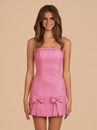 Vesper | Pink - Spaghetti Straps Beaded Sheath Homecoming Dress With Bows