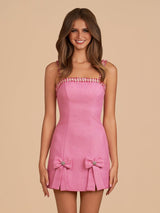 Vesper | Pink - Spaghetti Straps Beaded Sheath Homecoming Dress With Bows