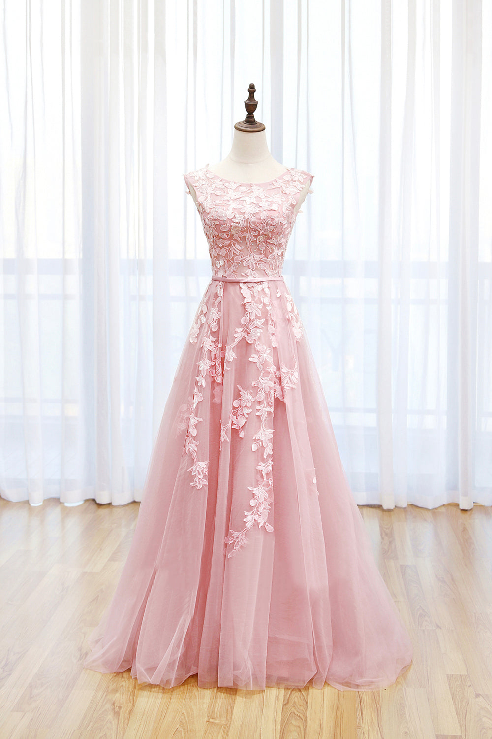Irene | Pink Tulle Lace Long Prom Dress, Lovely A-Line Open Back Evening Dress