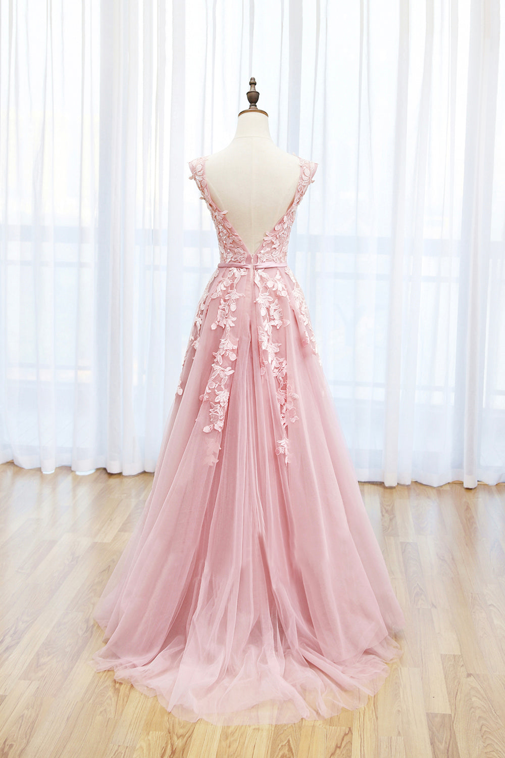 Irene | Pink Tulle Lace Long Prom Dress, Lovely A-Line Open Back Evening Dress