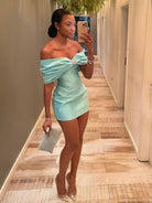 Vian | Aqua - Off The Shoulder Satin Bodycon Short Homecoming Dress With Beading