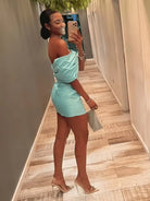 Vian | Aqua - Off The Shoulder Satin Bodycon Short Homecoming Dress With Beading