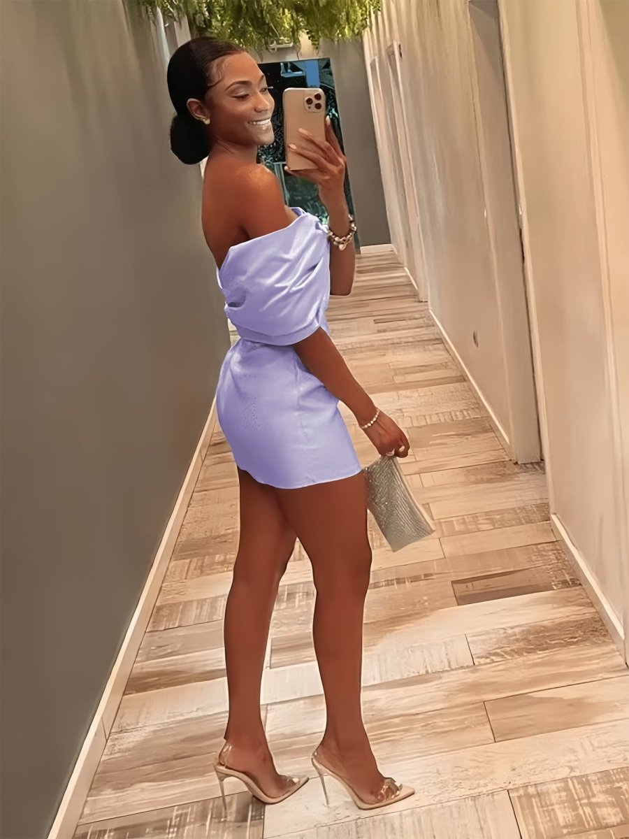 Vian | Lavender - Off The Shoulder Satin Bodycon Short Homecoming Dress With Beading