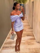 Vian | Lavender - Off The Shoulder Satin Bodycon Short Homecoming Dress With Beading