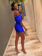 Vian | Royal Blue - Off The Shoulder Satin Bodycon Short Homecoming Dress With Beading
