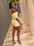 Vian | Yellow - Off The Shoulder Satin Bodycon Short Homecoming Dress With Beading
