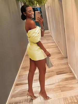 Vian | Yellow - Off The Shoulder Satin Bodycon Short Homecoming Dress With Beading