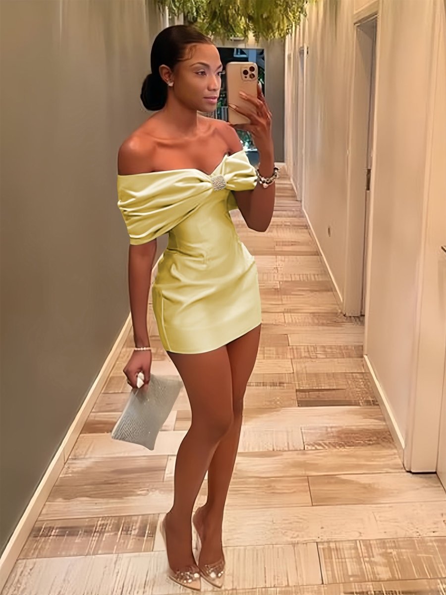 Vian | Yellow - Off The Shoulder Satin Bodycon Short Homecoming Dress With Beading